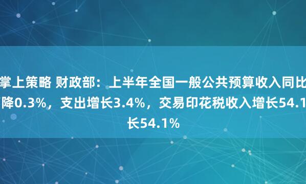 掌上策略 财政部：上半年全国一般公共预算收入同比下降0.3%，支出增长3.4%，交易印花税收入增长54.1%